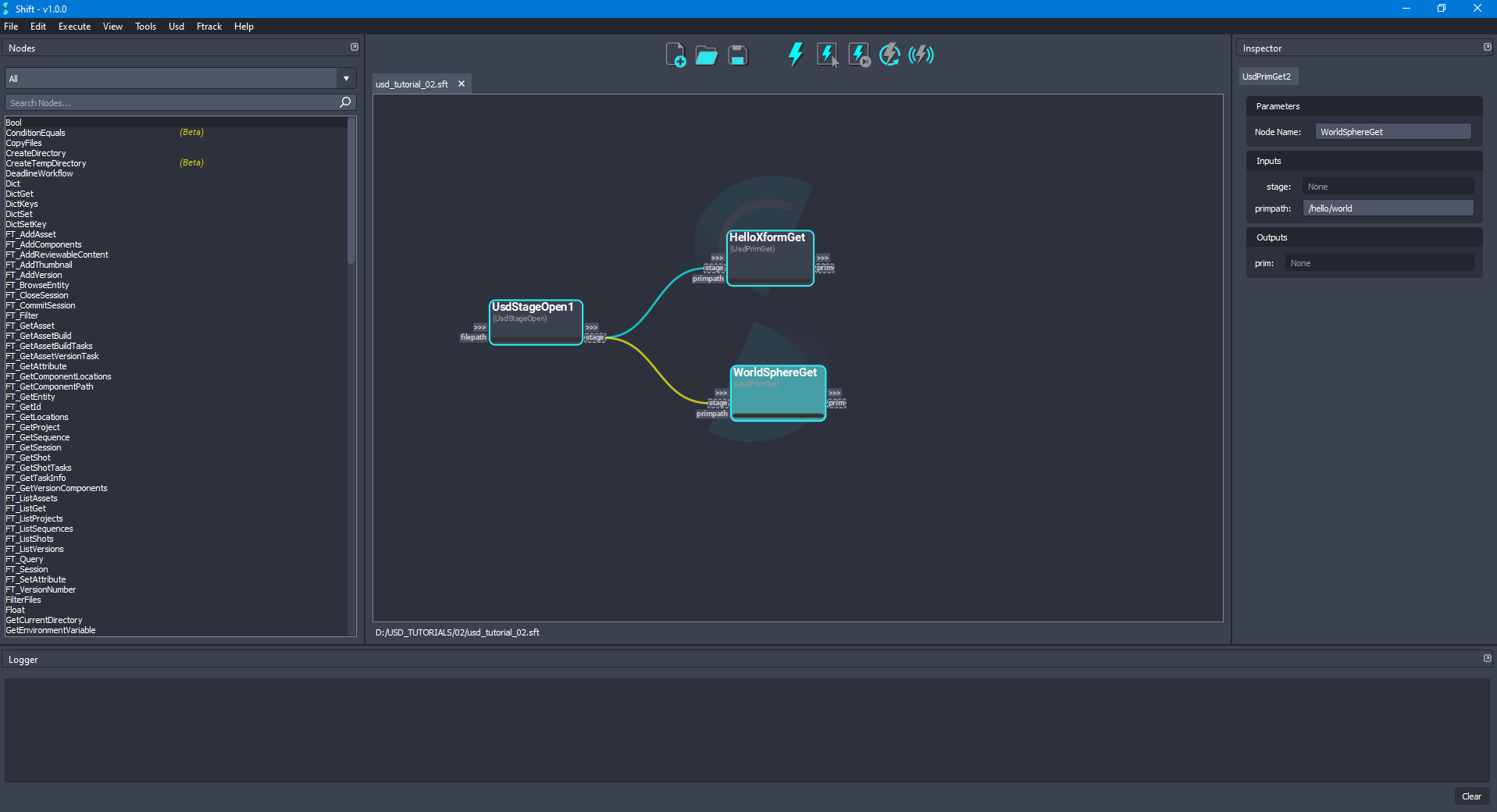 Added the 'WorldSphereGet' node to the board connected to the 'UsdStageOpen' node for getting the '/hello/world' prim.