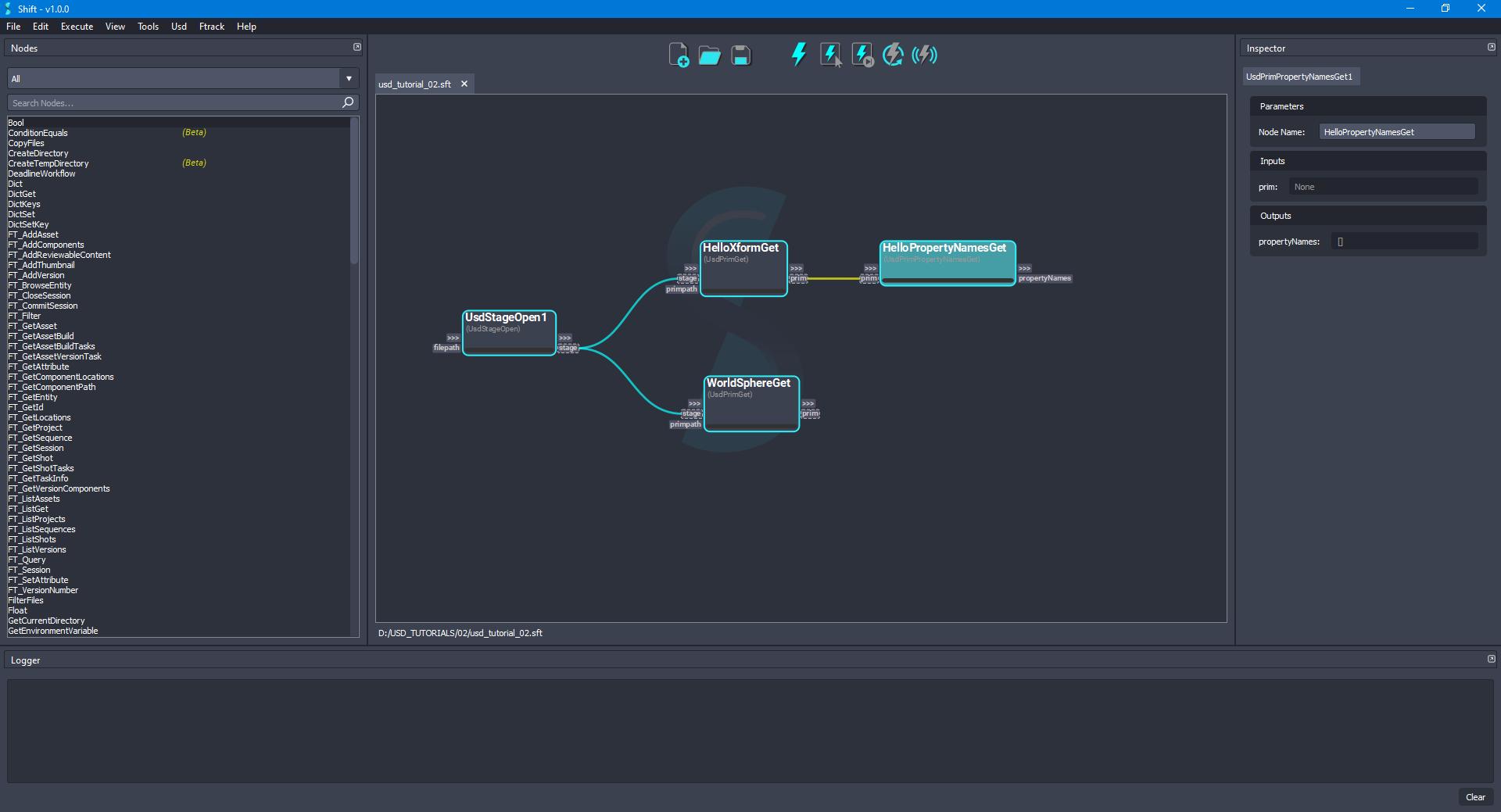 Added the 'HelloPropertyNamesGet' node to the board connected to the 'HelloXformGet' node.