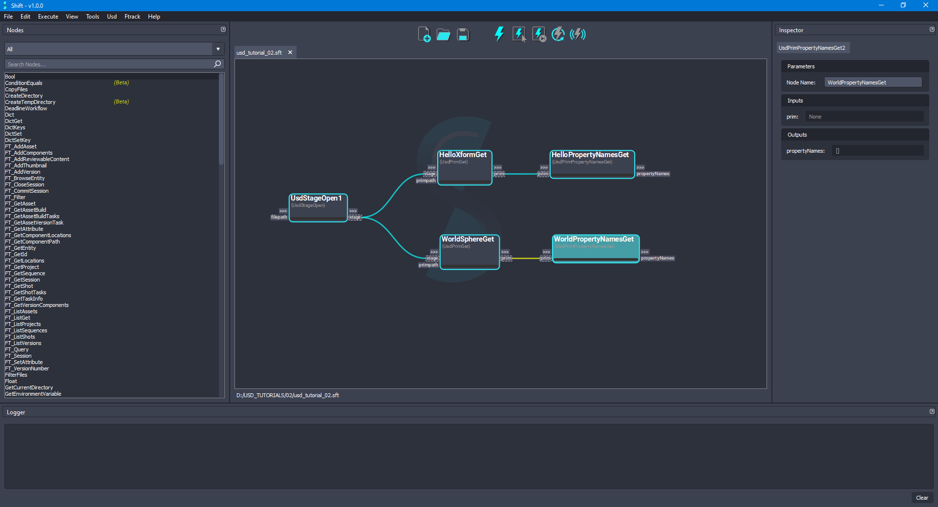 Added the 'WorldPropertyNamesGet' node to the board connected to the 'WorldSphereGet' node.
