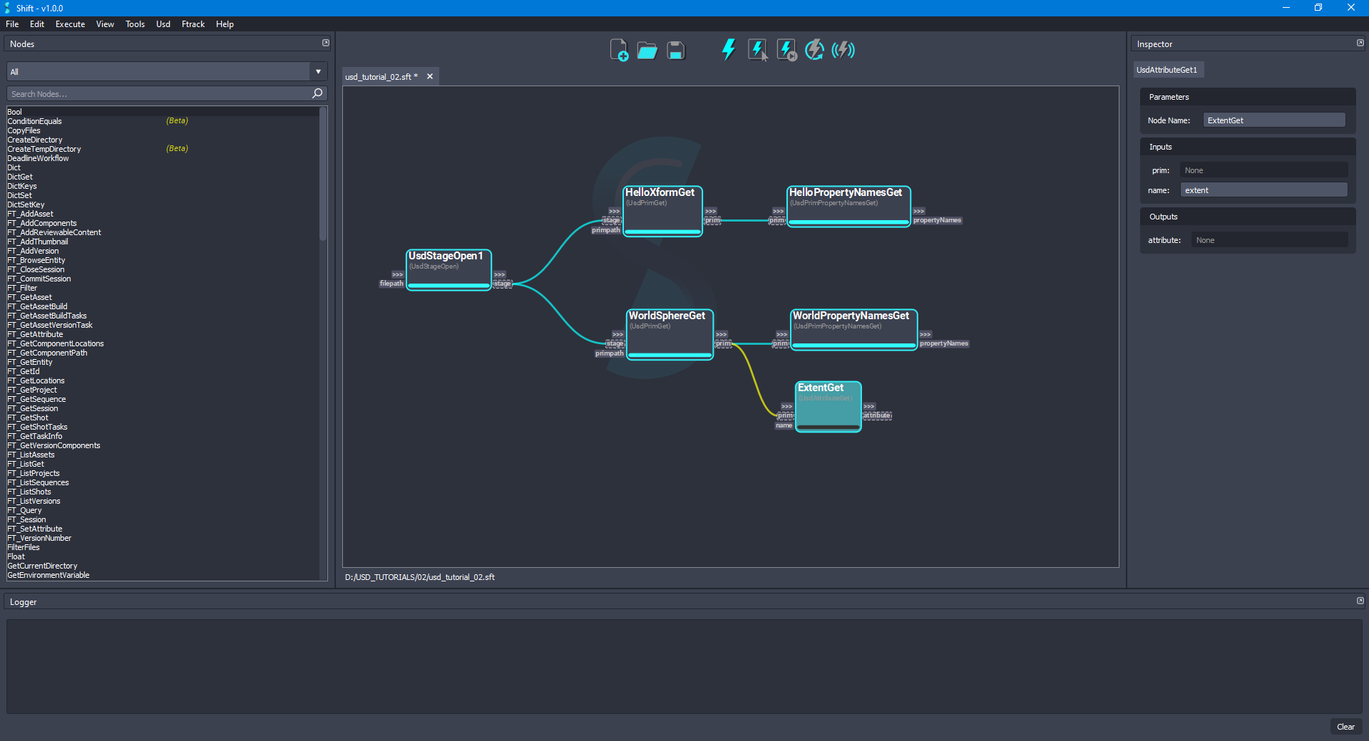Added the 'ExtentGet' node to the board connected to the 'WorldSphereGet' node.