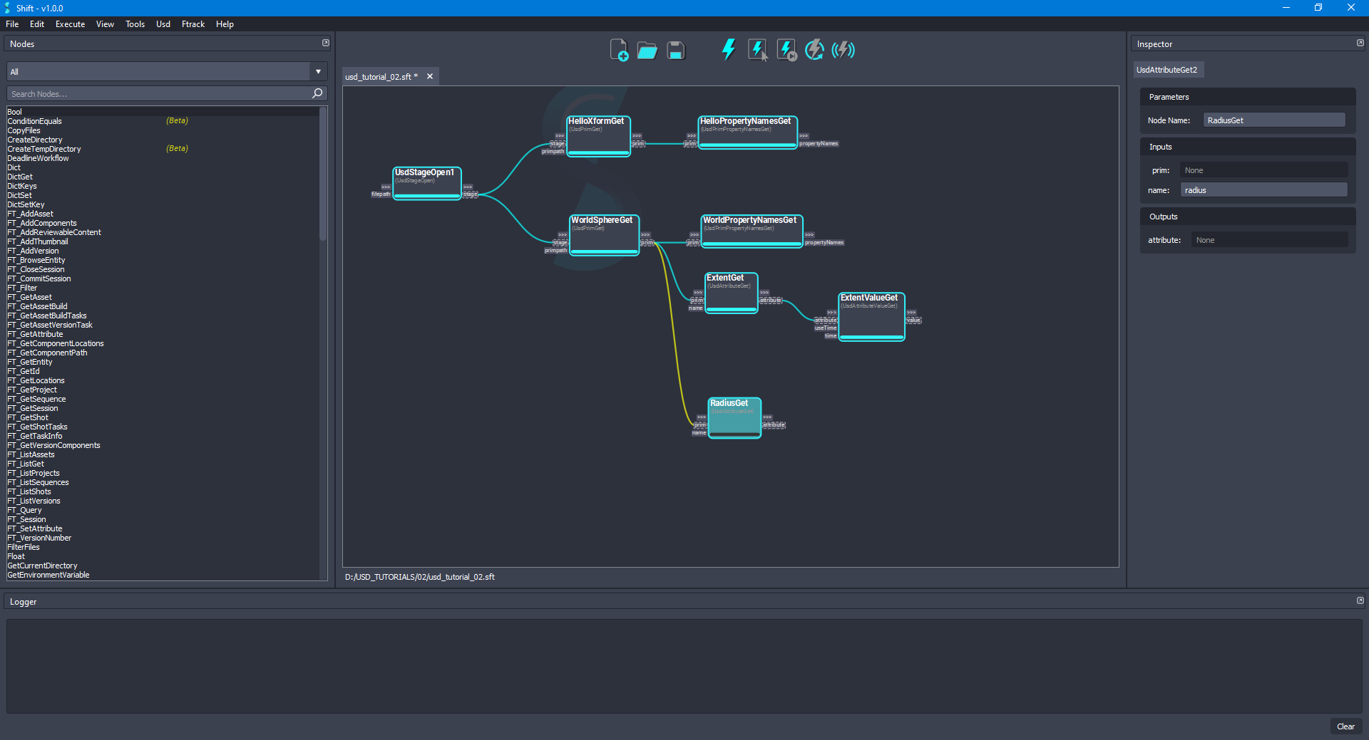 Added the 'RadiusGet' node to the board connected to the 'WorldSphereGet' node.