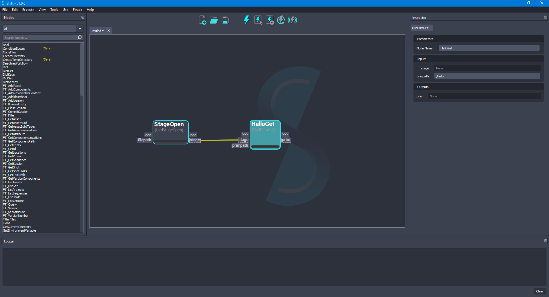 Added the 'HelloGet' node to the board connected to the 'StageOpen' node.