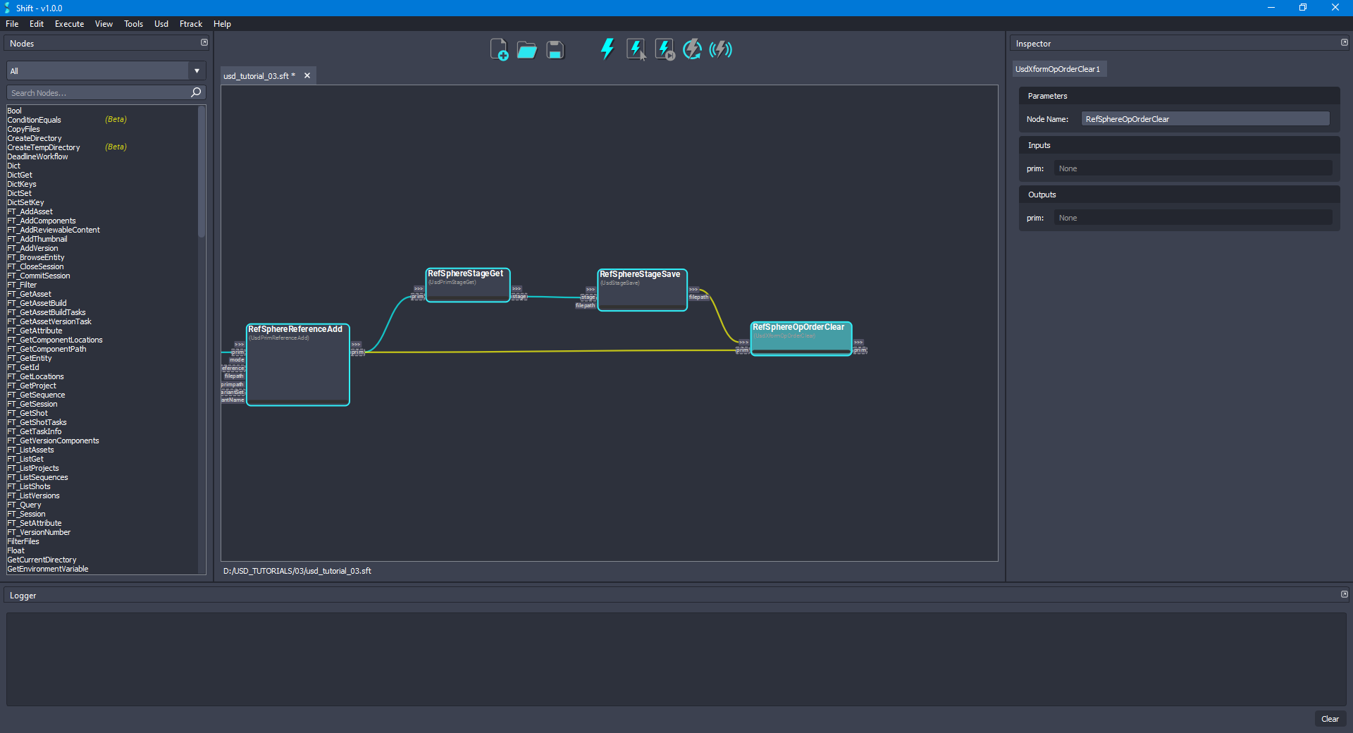 Added the 'RefSphereOpOrderClear' node to the board connected to the 'RefSphereReferenceAdd' and 'RefSphereStageSave' nodes.