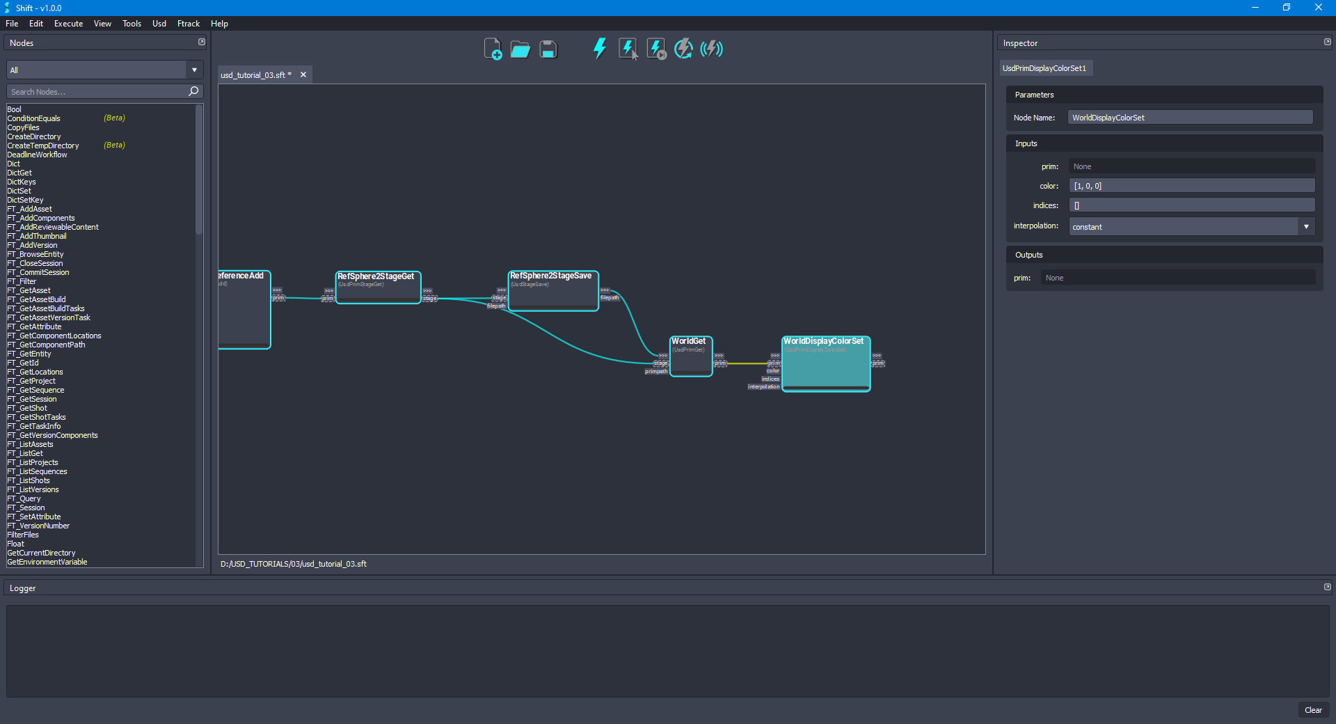 Added the 'WorldDisplayColorSet' node to the board connected to the 'WorldGet' node.