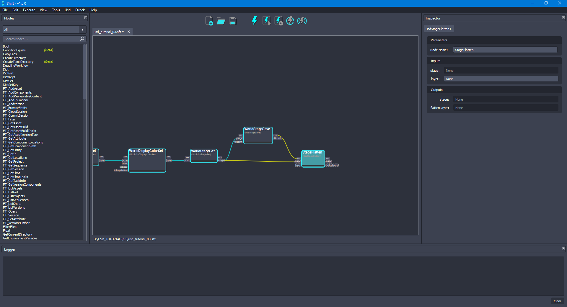 Added the 'StageFlatten' node to the board connected to the 'WorldStageGet' node.