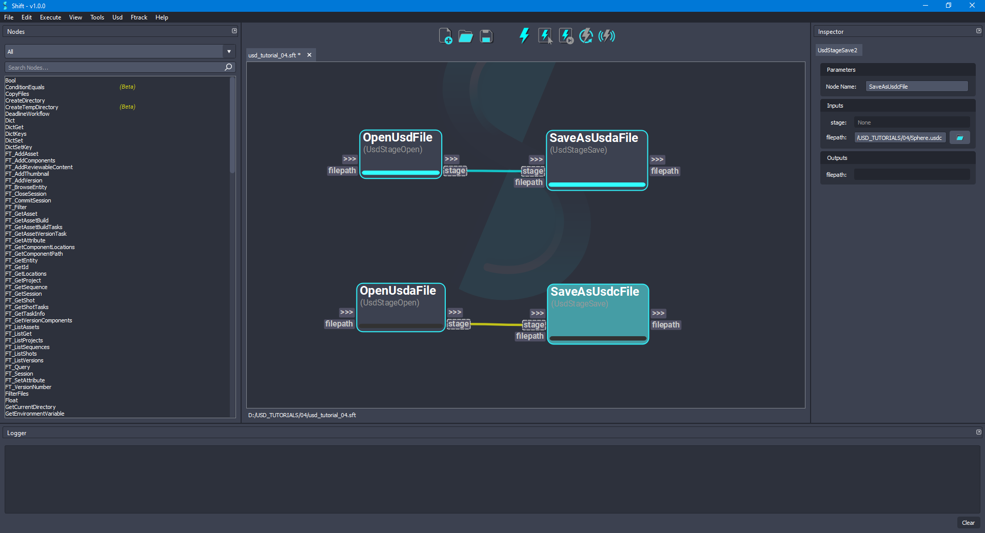 Added 'SaveAsUsdcFile' node to the board connected to 'OpenUsdaFile' node.