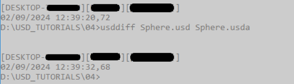 Usddiff command executed between original 'Sphere.usd' file and generated 'Sphere.usda' file.