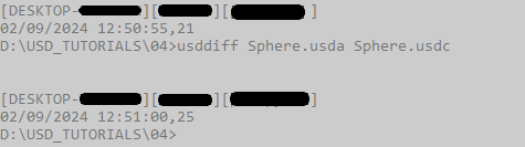 Usddiff command executed between 'Sphere.usda' and 'Sphere.usdc' files.