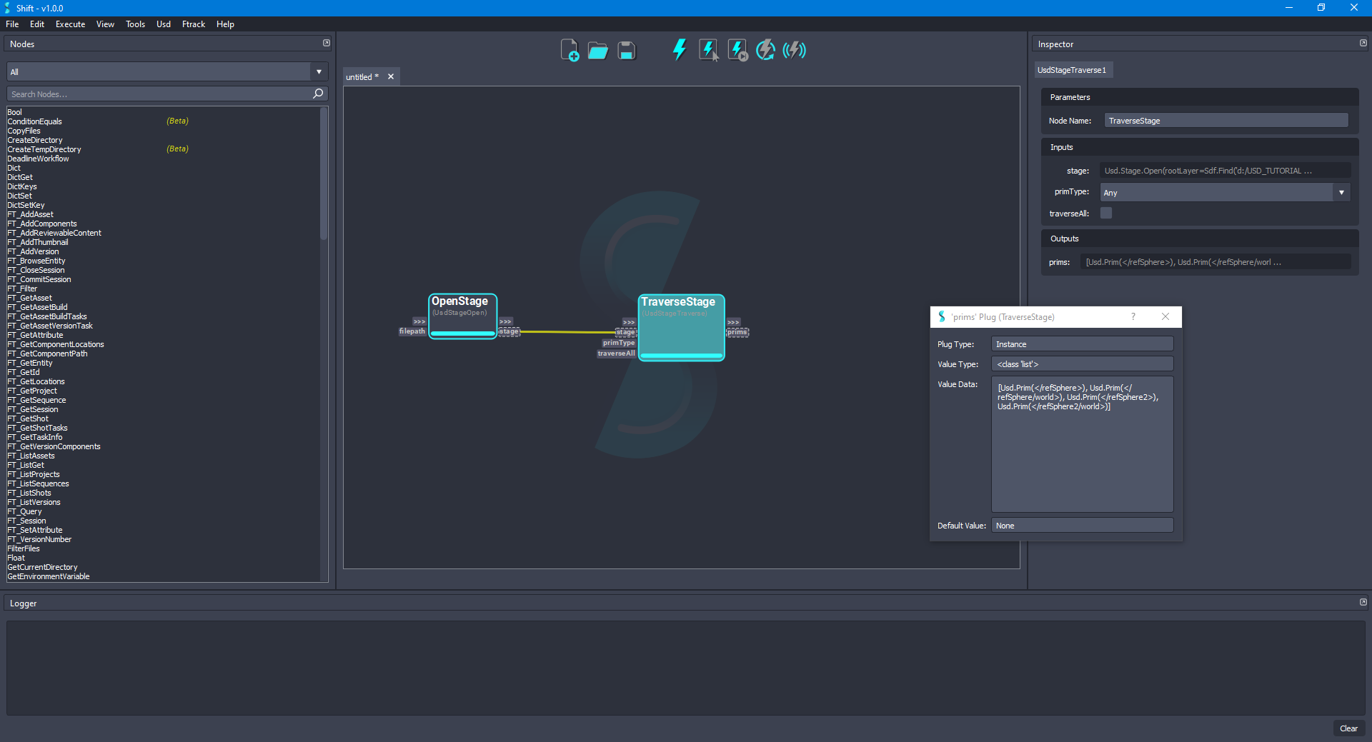 'TraverseStage' node prims plug value.