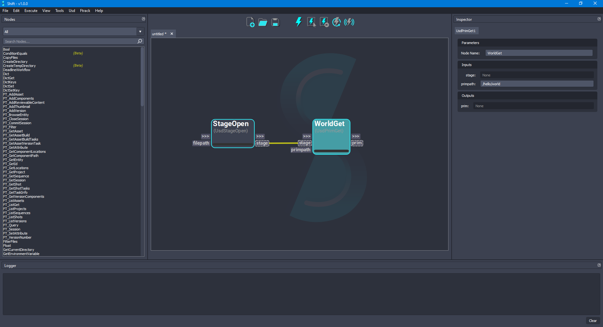Added the 'WorldGet' node to the board connected to the 'StageOpen' node.