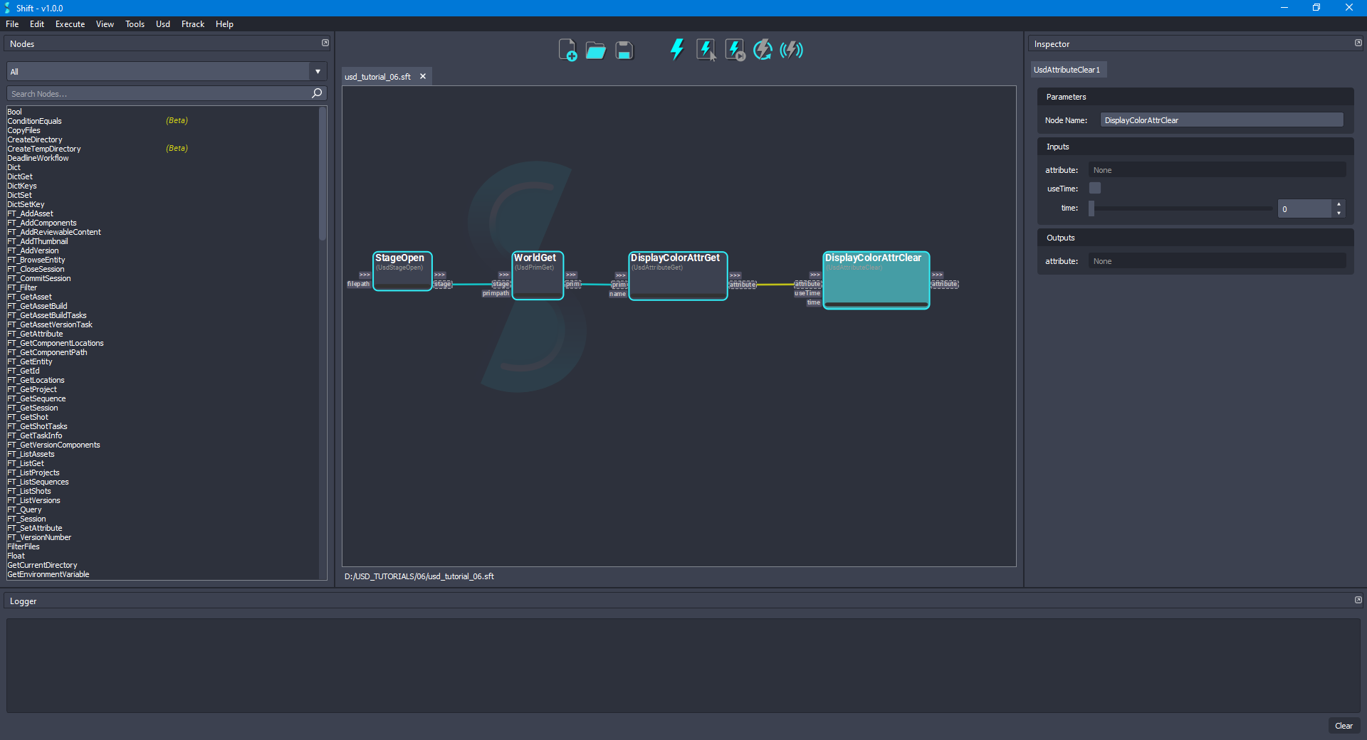 Added the 'DisplayColorAttrClear' node to the board connected to the 'DisplayColorAttrGet' node.