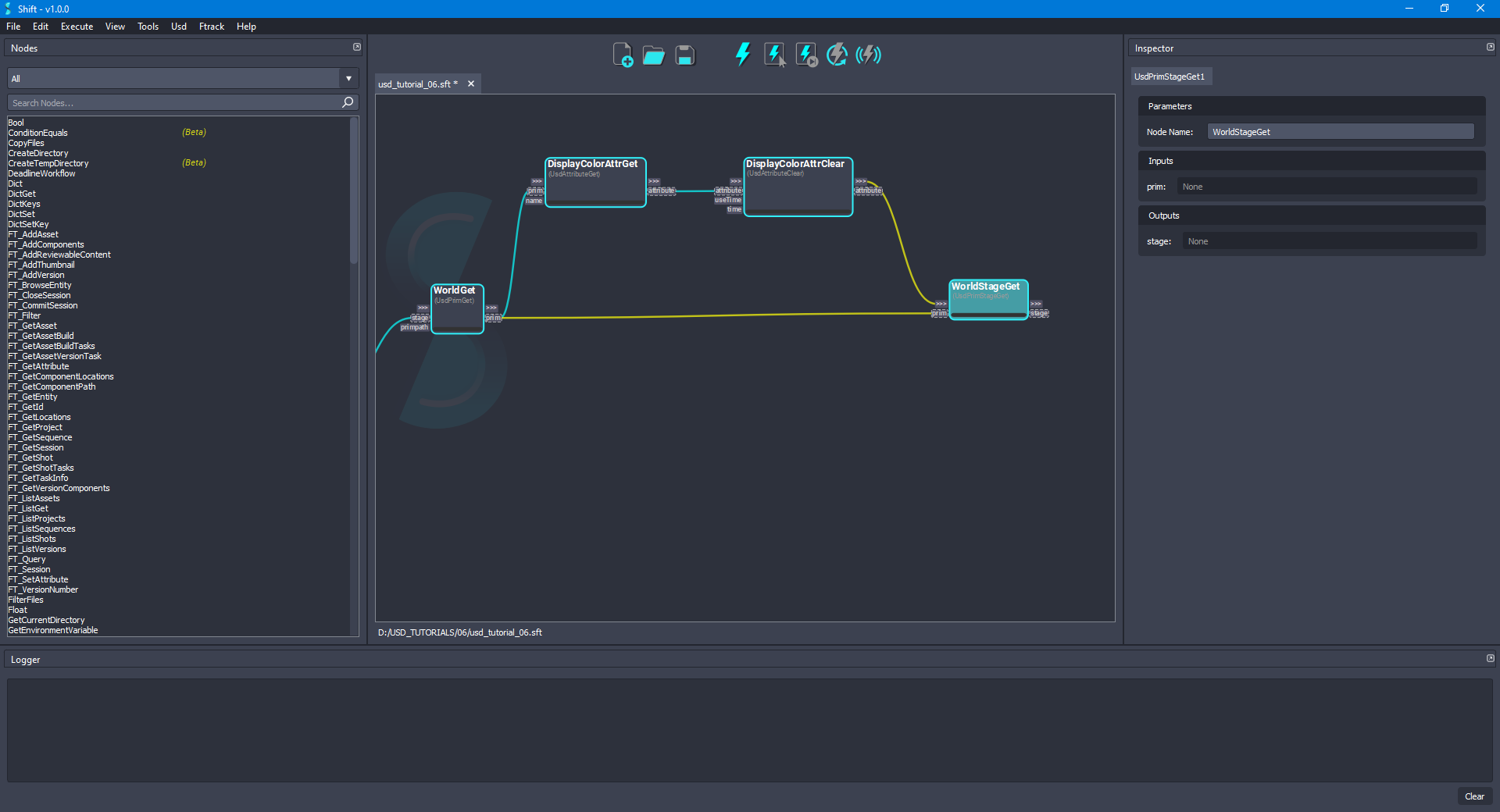 Added the 'WorldStageGet' node to the board connected to the 'WorldGet' node.