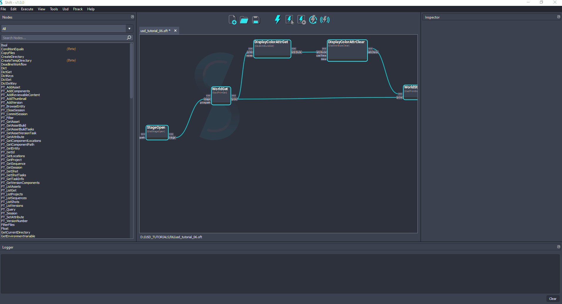 Added the 'HelloGet' node to the board connected to the 'WorldStageGet' and 'StageSave' nodes.