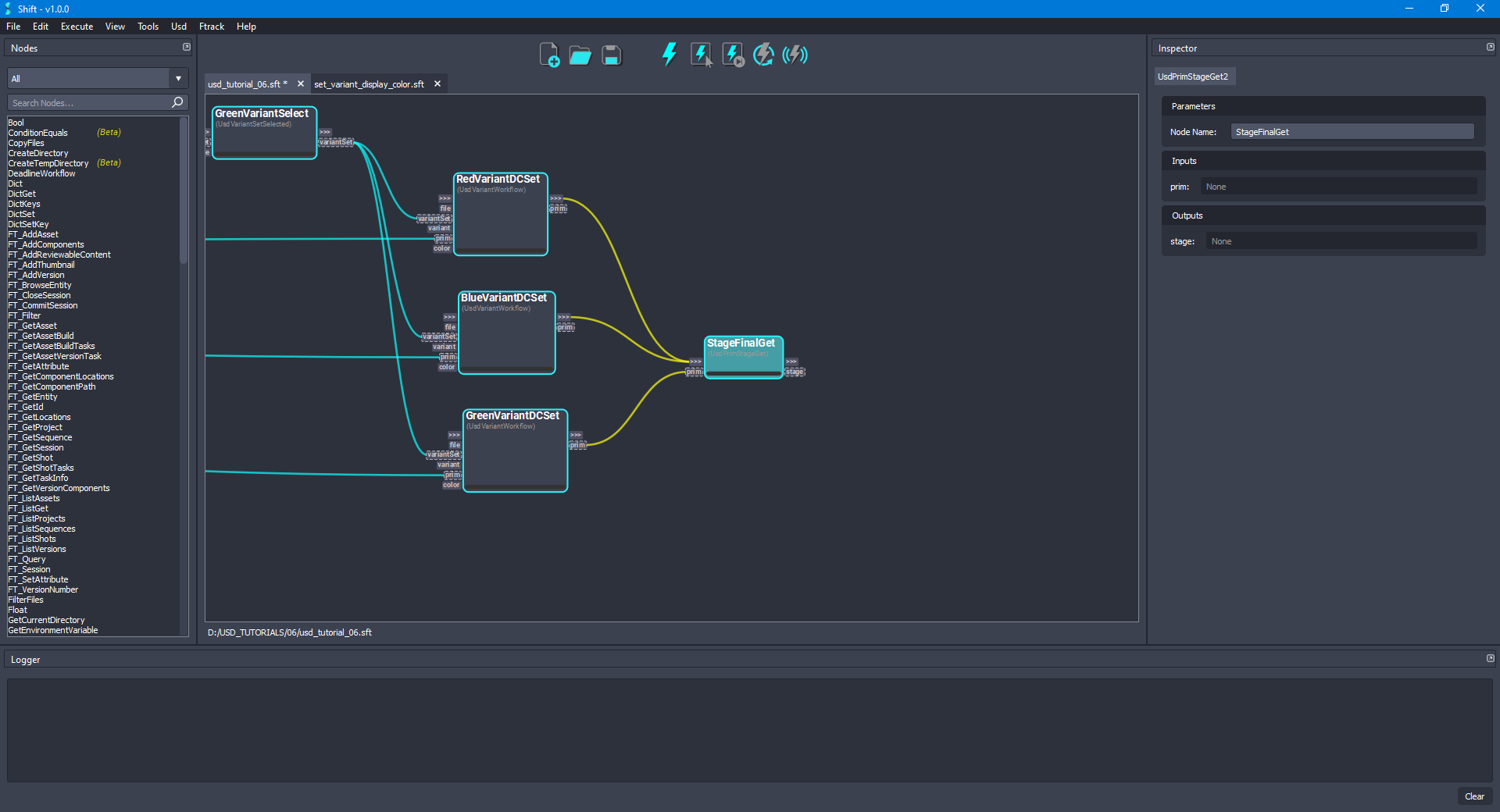 Added the 'StageFinalGet' node to the board connected to the 'GreenVariantDCSet', 'RedVariantDCSet' and 'BlueVariantDCSet' nodes.